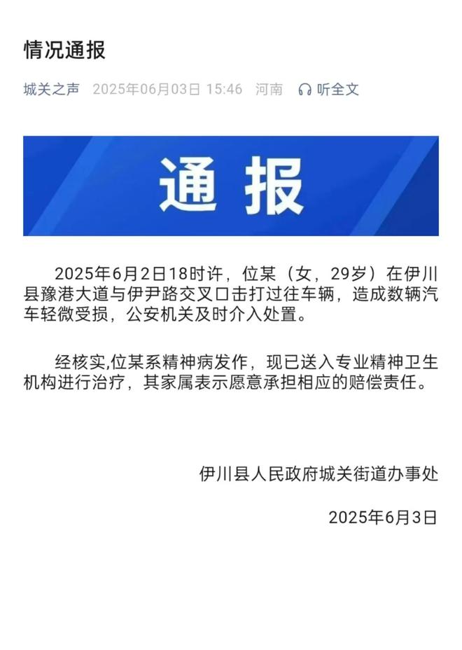 轿车通报：系精神病发作家属愿意承担赔偿p
